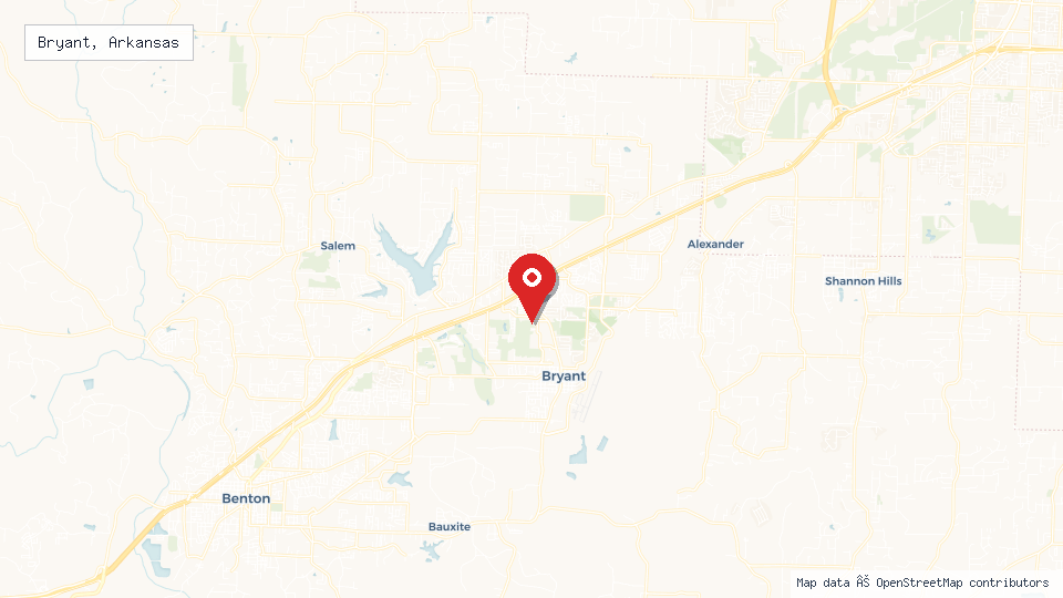 Street map of Bryant, Arkansas with location pin