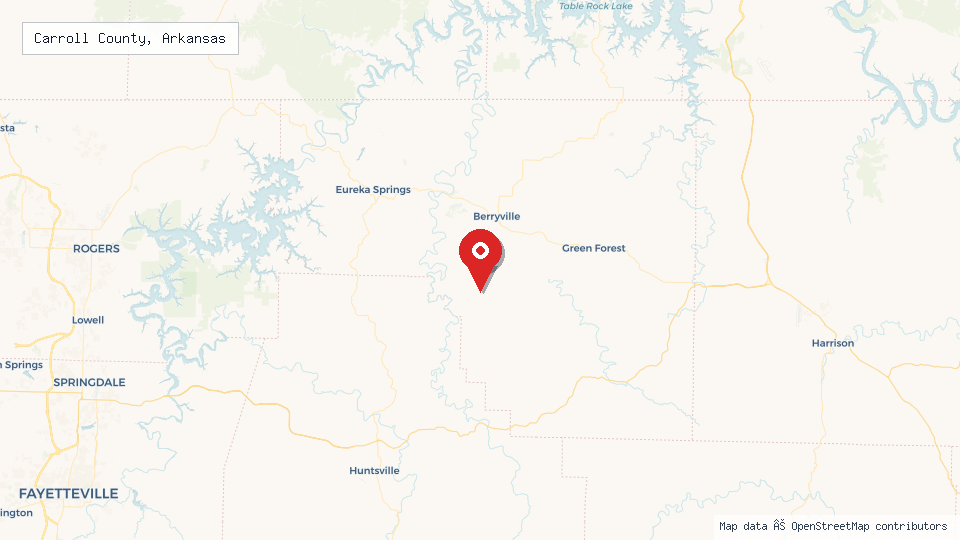 Street map of Carroll County, Arkansas with location pin