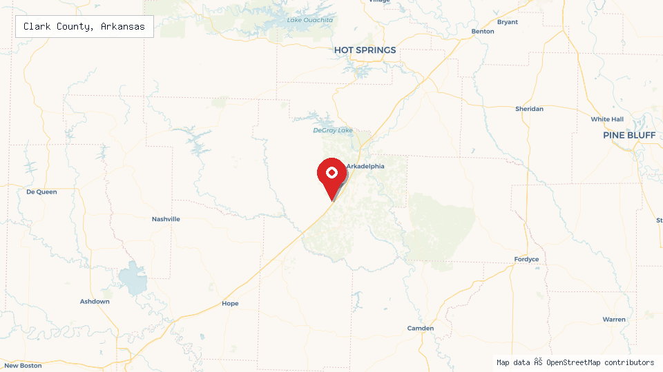 Street map of Clark County, Arkansas with location pin