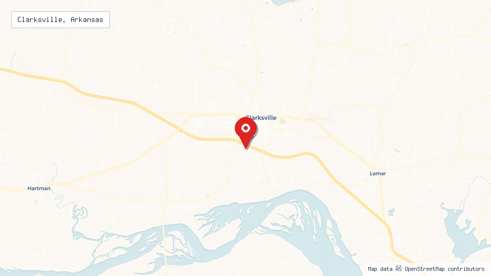Street map of Clarksville, Arkansas with location pin