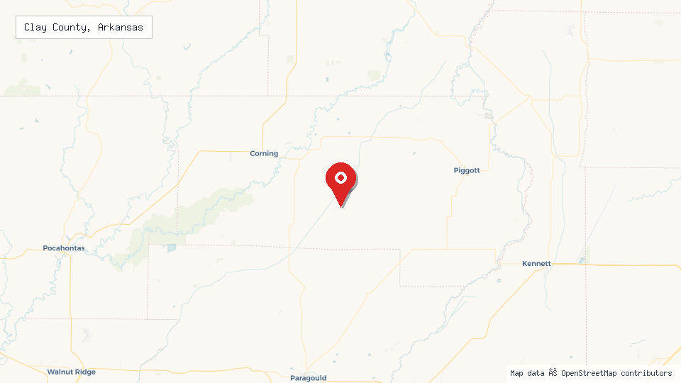 Street map of Clay County, Arkansas with location pin