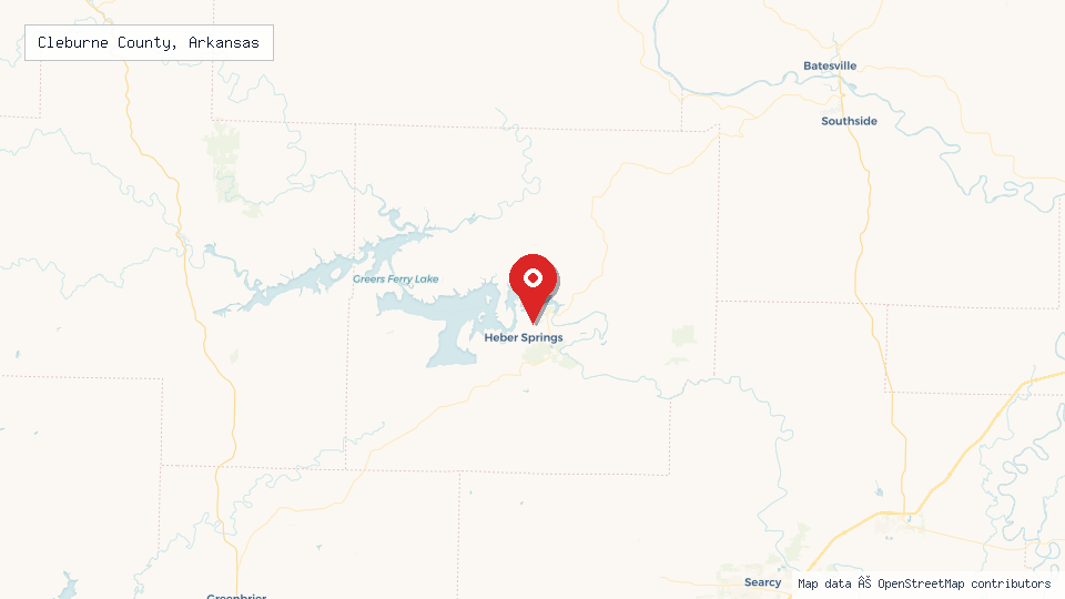 Street map of Cleburne County, Arkansas with location pin