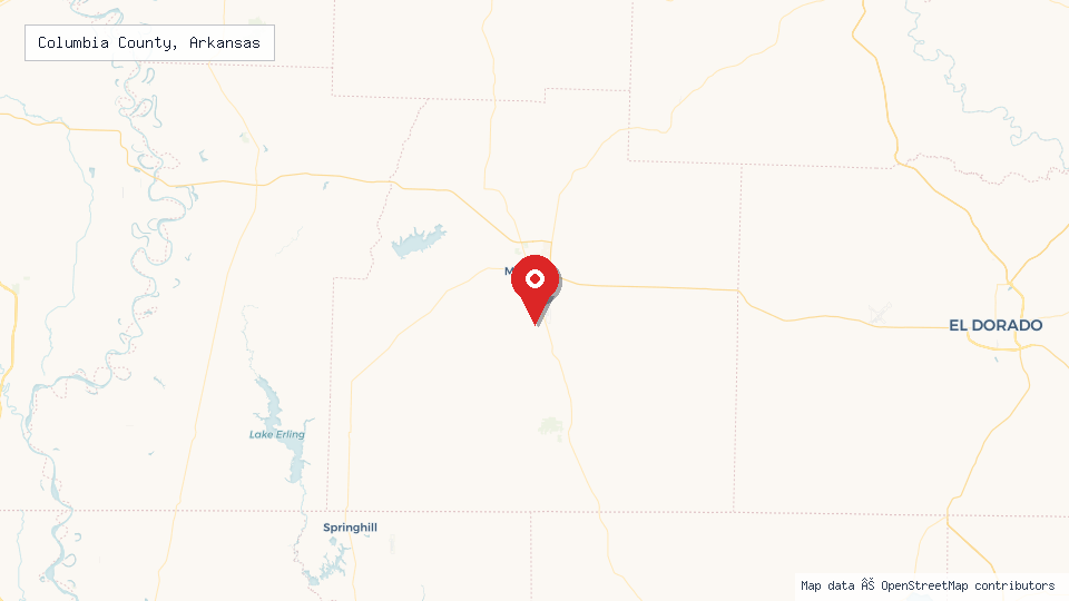 Street map of Columbia County, Arkansas with location pin