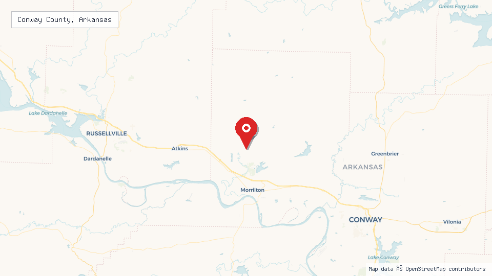 Street map of Conway County, Arkansas with location pin