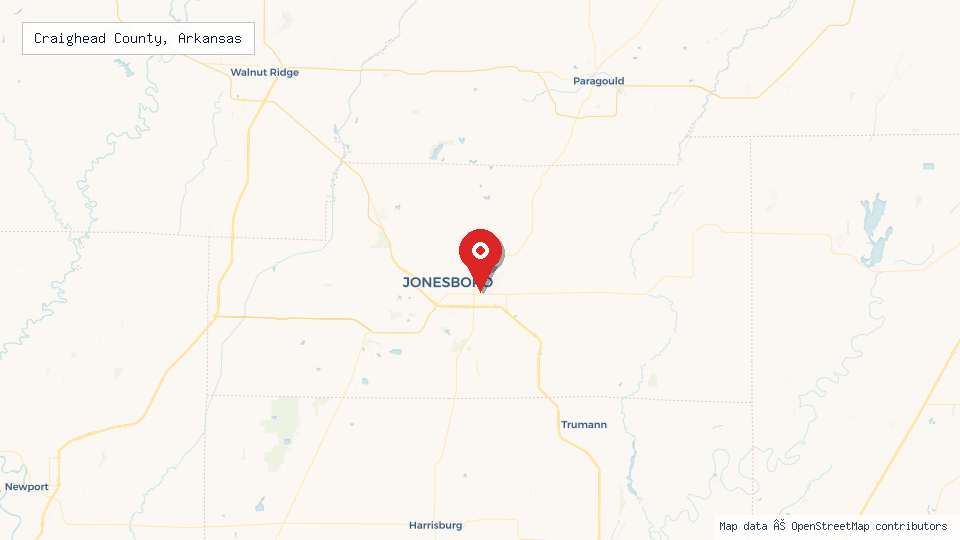 Street map of Craighead County, Arkansas with location pin