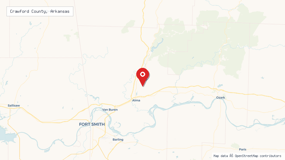 Street map of Crawford County, Arkansas with location pin