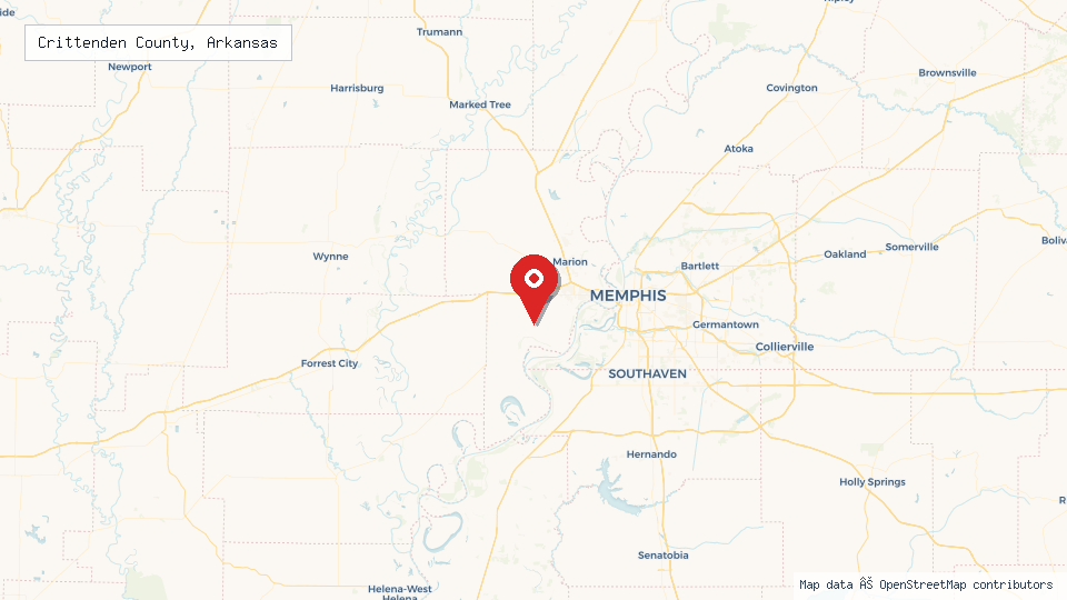 Street map of Crittenden County, Arkansas with location pin