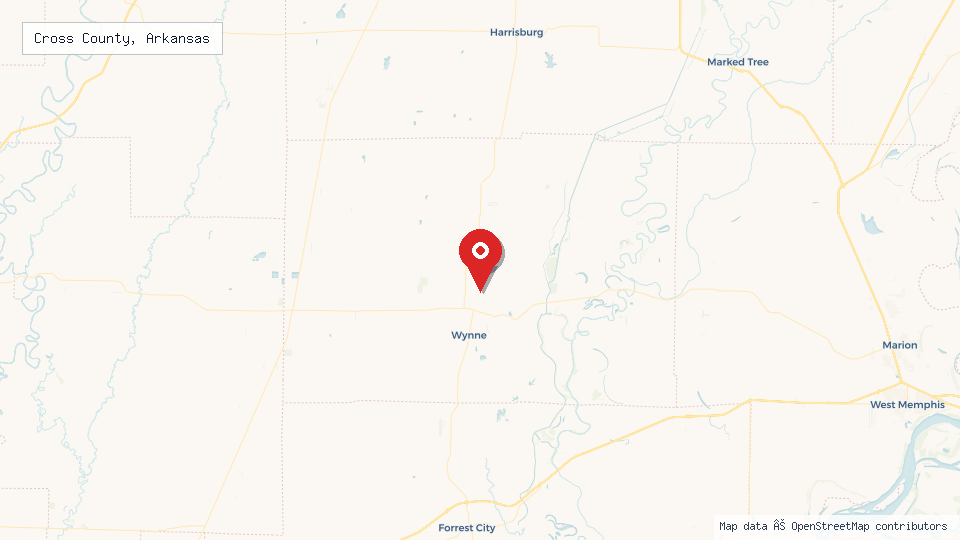 Street map of Cross County, Arkansas with location pin