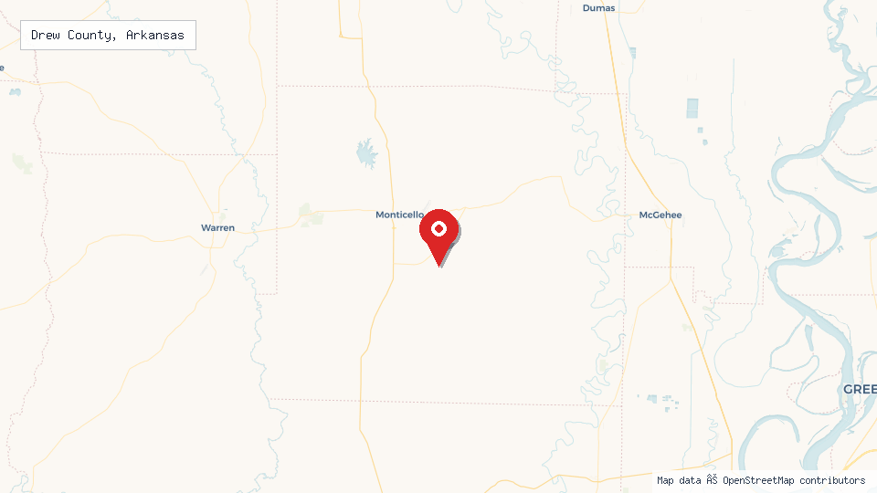 Street map of Drew County, Arkansas with location pin