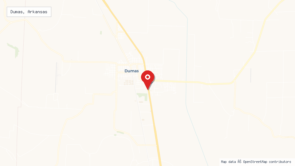 Street map of Dumas, Arkansas with location pin