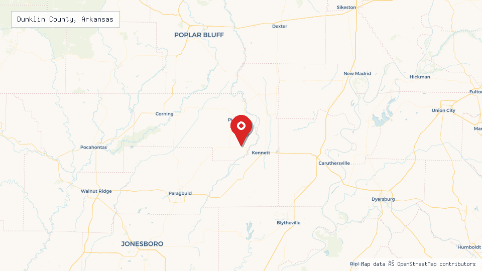 Street map of Dunklin County, Arkansas with location pin