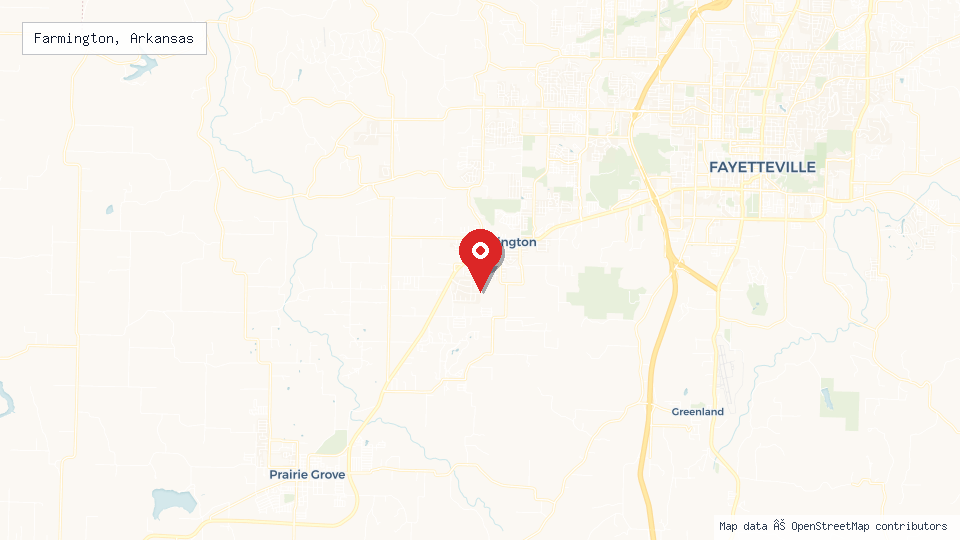 Street map of Farmington, Arkansas with location pin