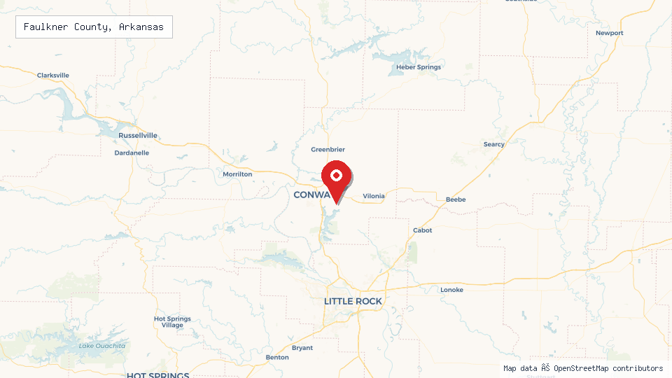 Street map of Faulkner County, Arkansas with location pin