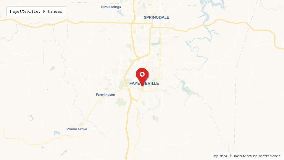 Street map of Fayetteville, Arkansas with location pin