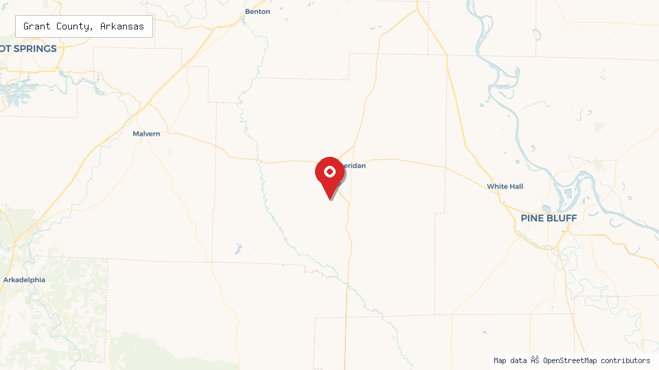 Street map of Grant County, Arkansas with location pin
