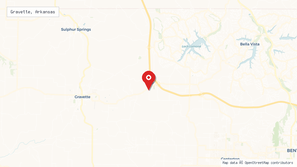 Street map of Gravette, Arkansas with location pin