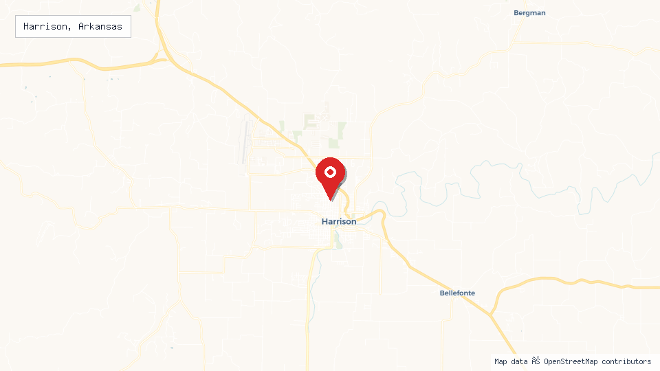 Street map of Harrison, Arkansas with location pin