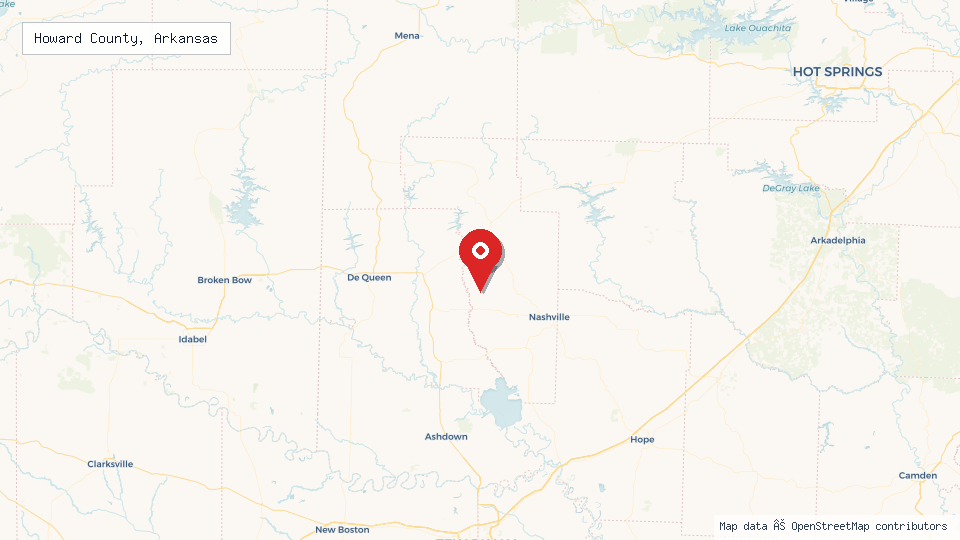 Street map of Howard County, Arkansas with location pin