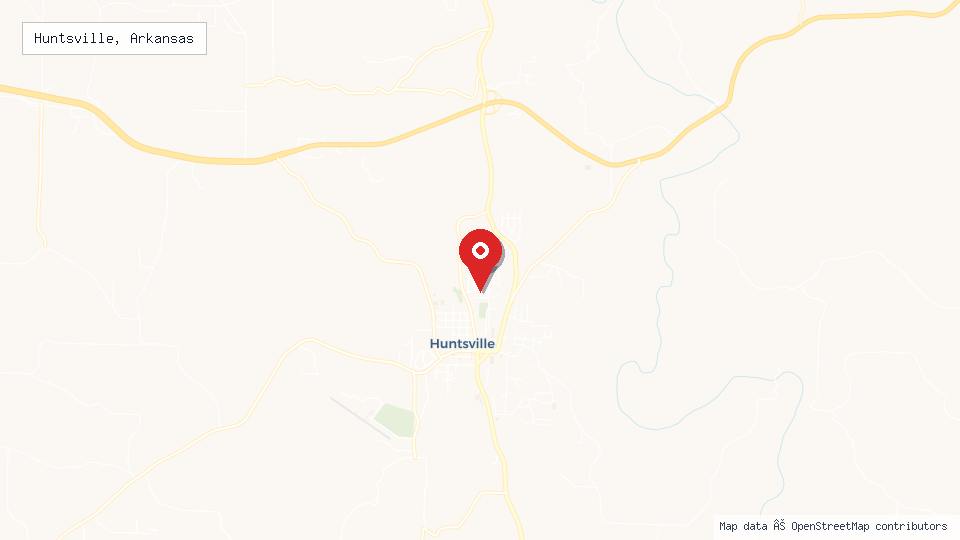 Street map of Huntsville, Arkansas with location pin