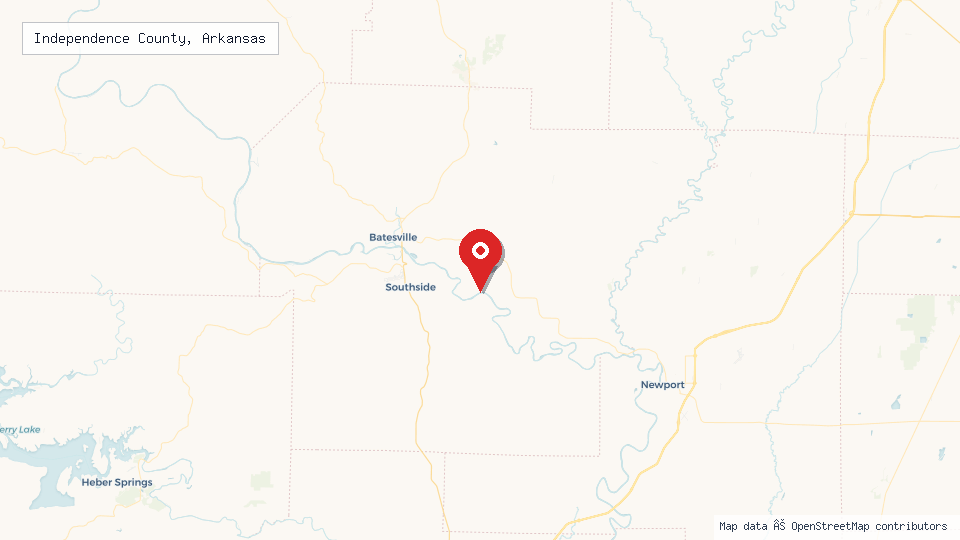 Street map of Independence County, Arkansas with location pin