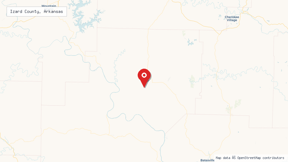 Street map of Izard County, Arkansas with location pin
