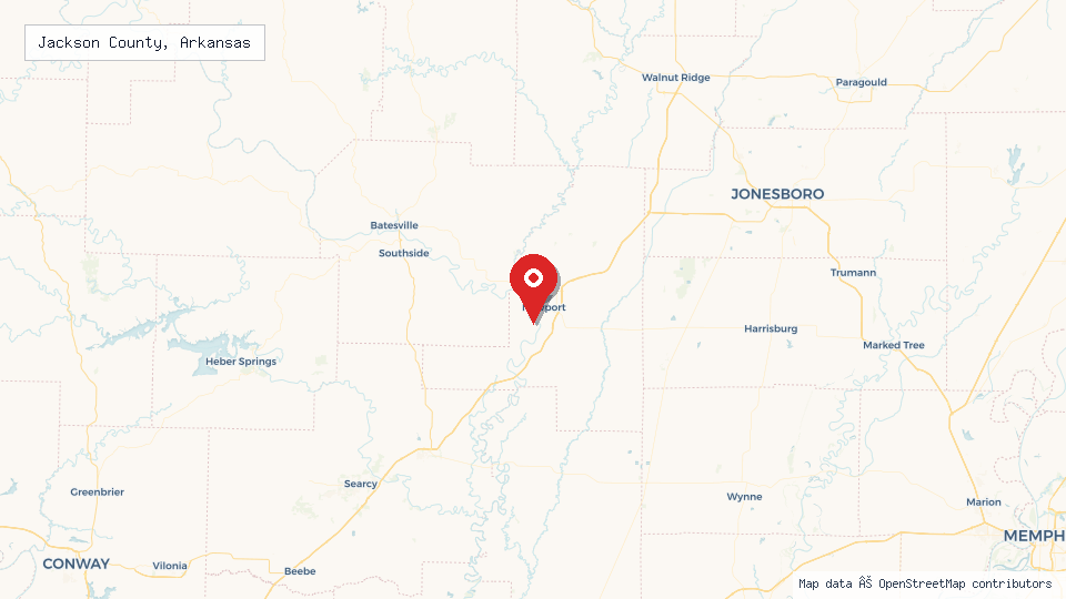 Street map of Jackson County, Arkansas with location pin