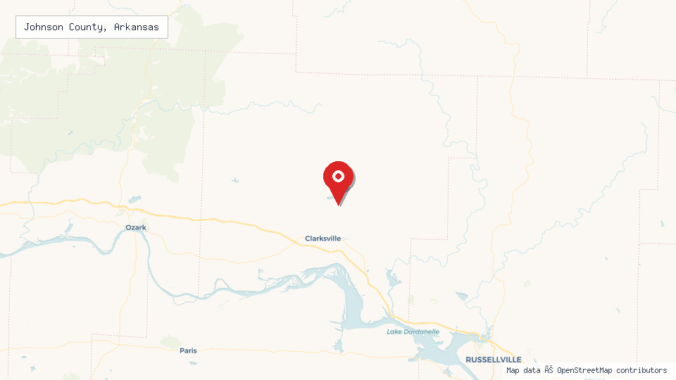Street map of Johnson County, Arkansas with location pin