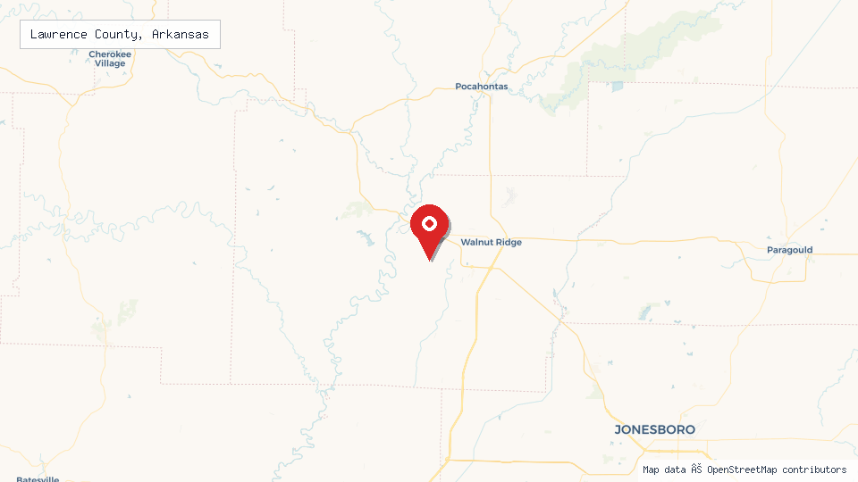 Street map of Lawrence County, Arkansas with location pin