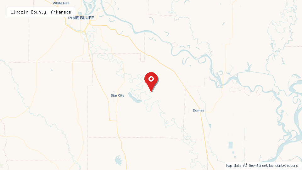 Street map of Lincoln County, Arkansas with location pin