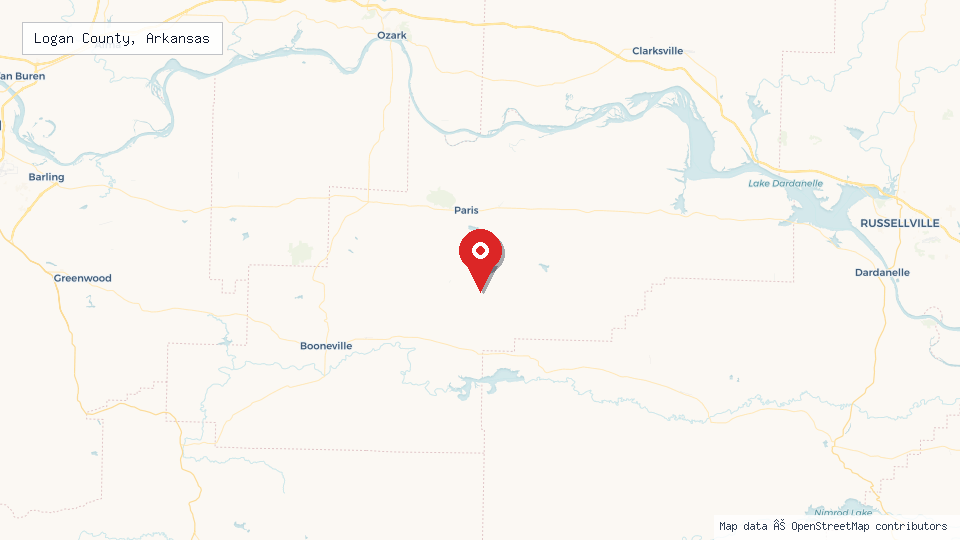 Street map of Logan County, Arkansas with location pin