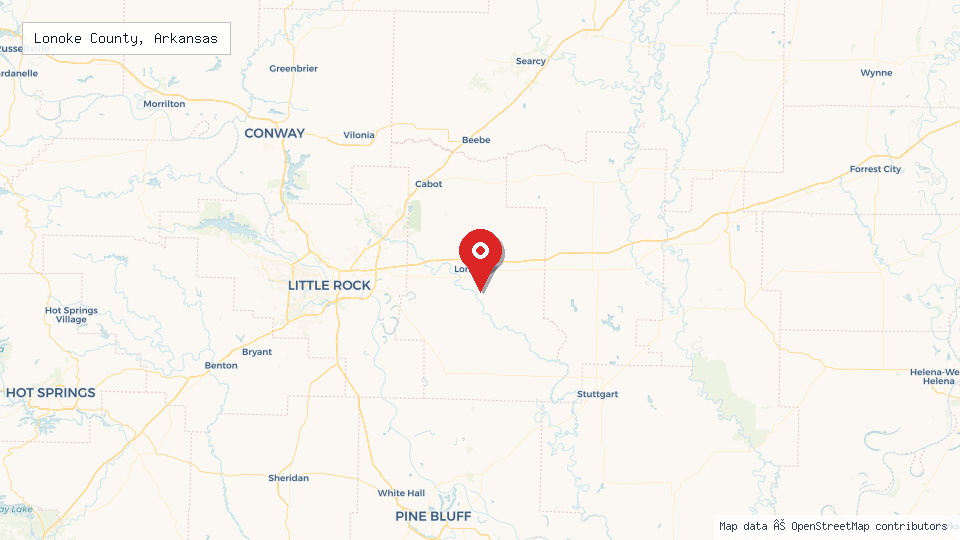Street map of Lonoke County, Arkansas with location pin