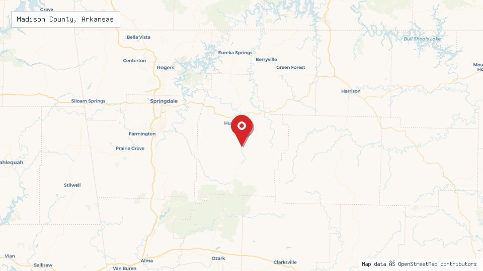 Street map of Madison County, Arkansas with location pin