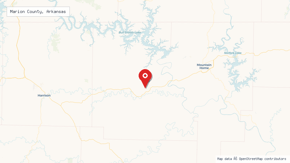 Street map of Marion County, Arkansas with location pin
