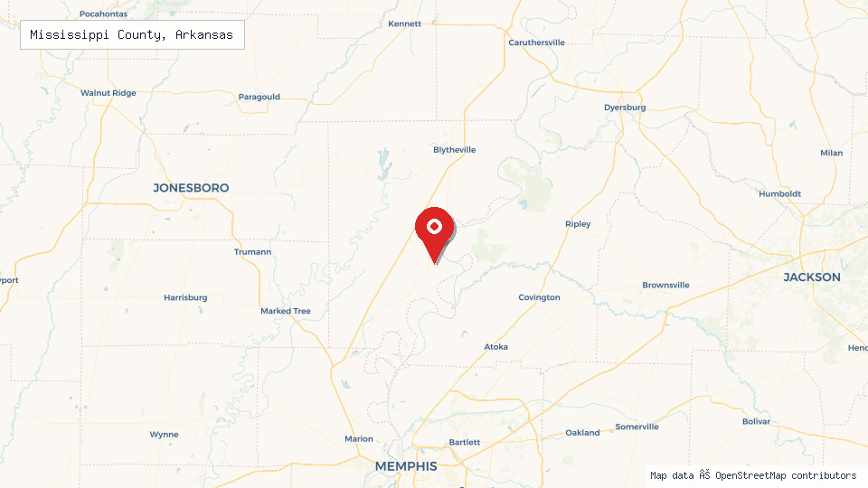Street map of Mississippi County, Arkansas with location pin