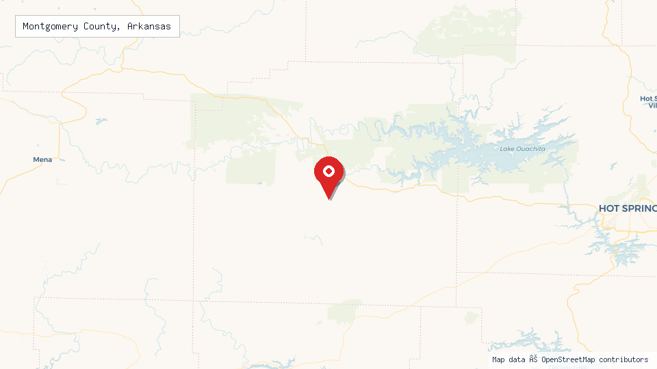 Street map of Montgomery County, Arkansas with location pin