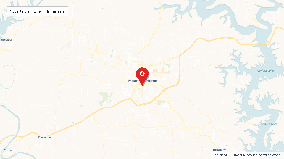 Street map of Mountain Home, Arkansas with location pin