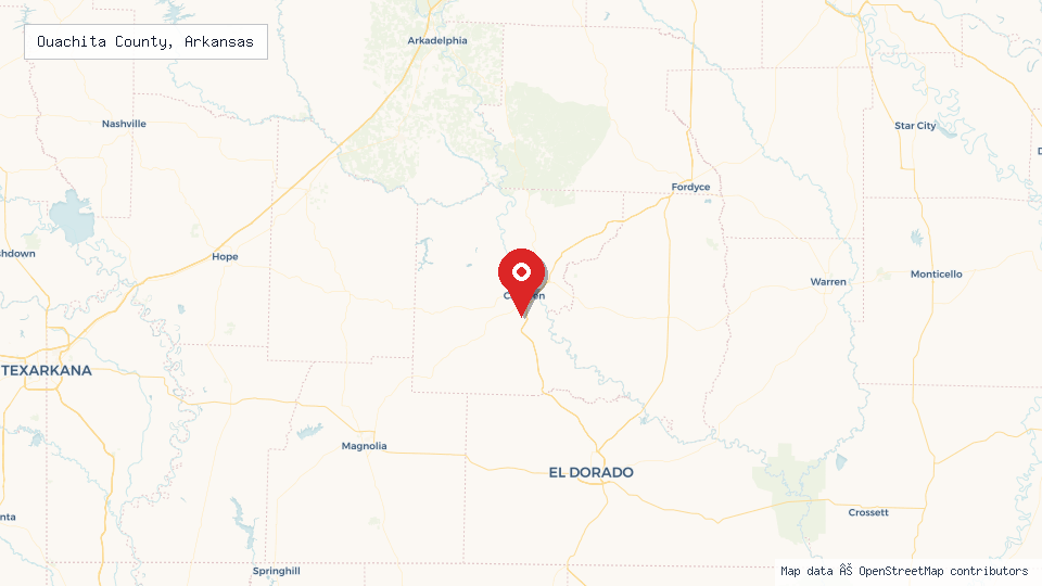 Street map of Ouachita County, Arkansas with location pin