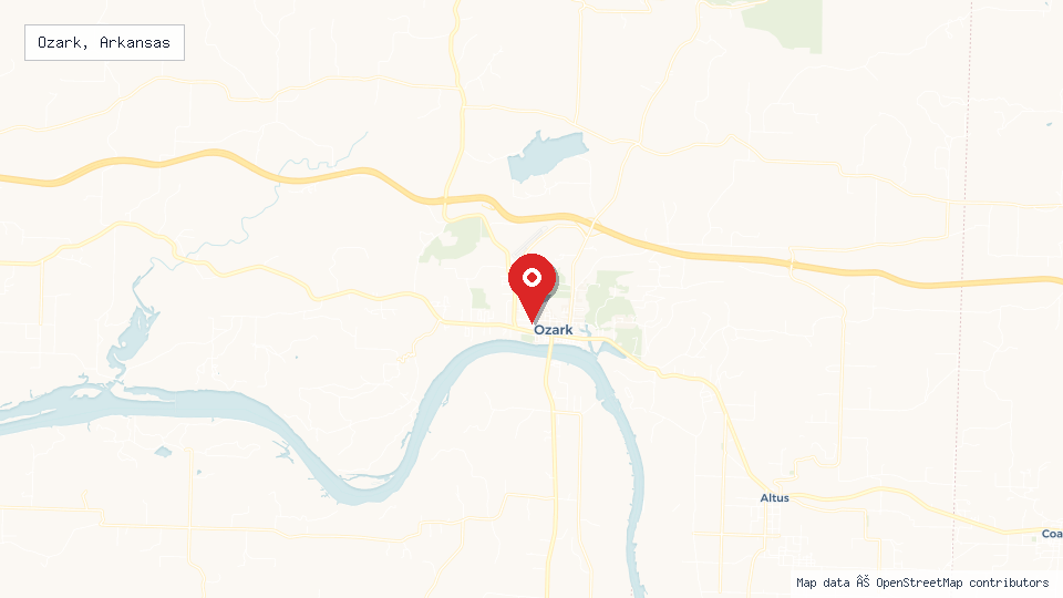Street map of Ozark, Arkansas with location pin
