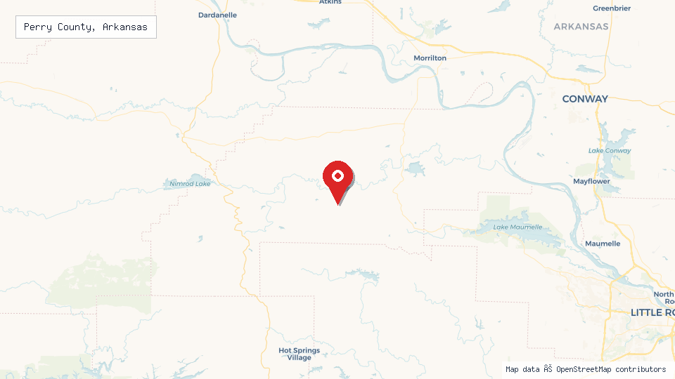 Street map of Perry County, Arkansas with location pin