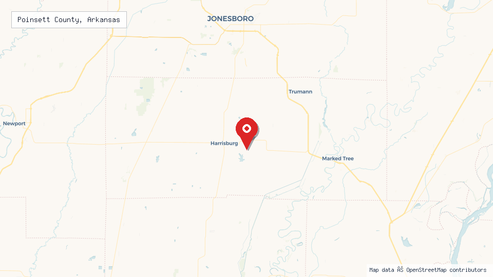 Street map of Poinsett County, Arkansas with location pin