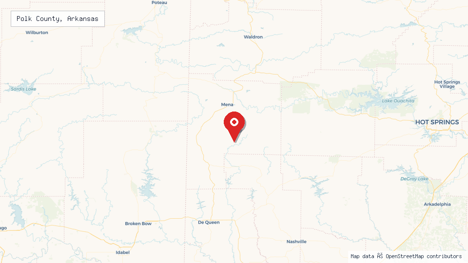 Street map of Polk County, Arkansas with location pin