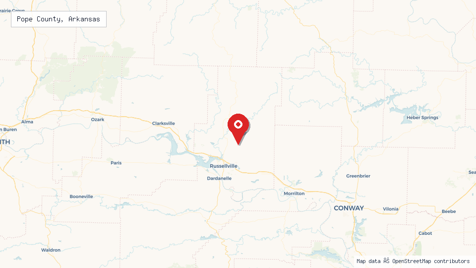 Street map of Pope County, Arkansas with location pin