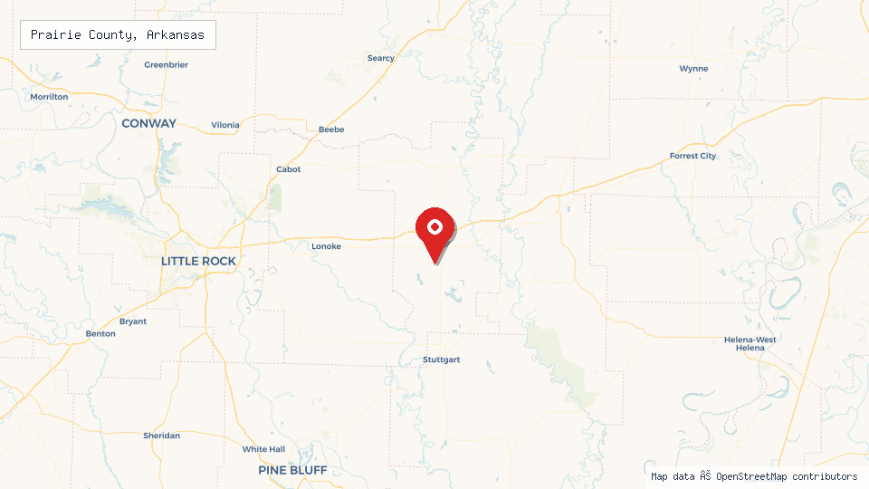 Street map of Prairie County, Arkansas with location pin