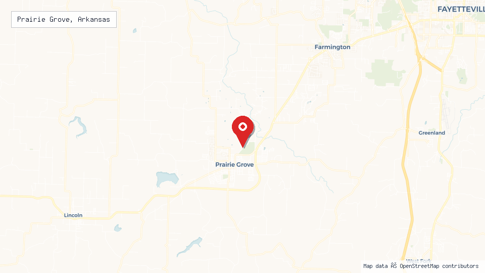 Street map of Prairie Grove, Arkansas with location pin