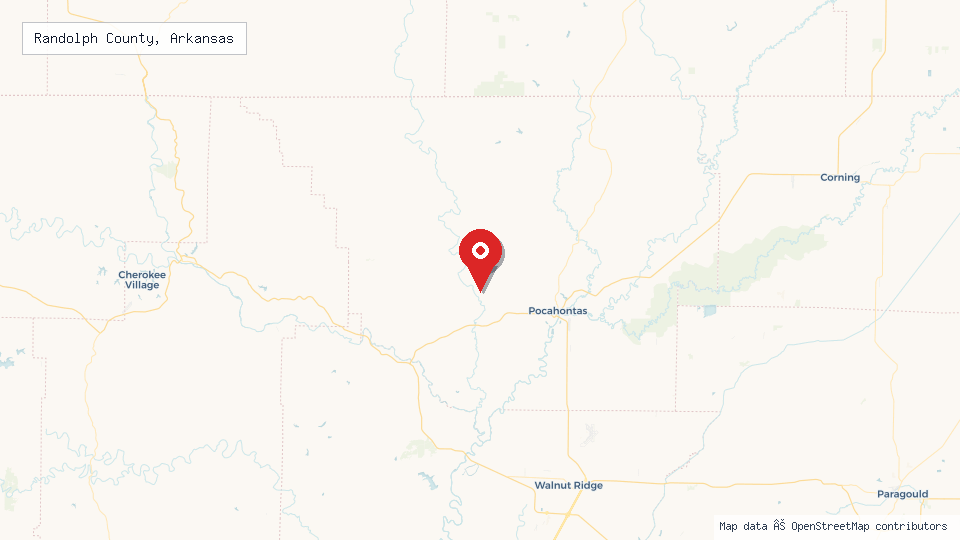 Street map of Randolph County, Arkansas with location pin