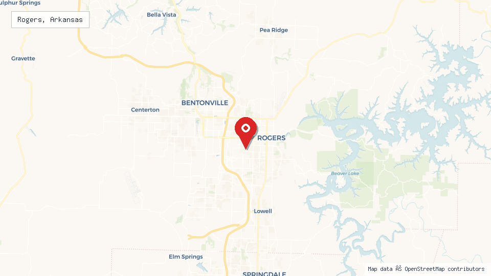 Street map of Rogers, Arkansas with location pin