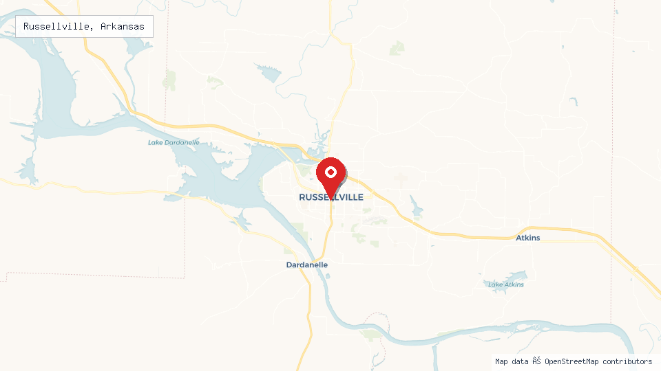 Street map of Russellville, Arkansas with location pin