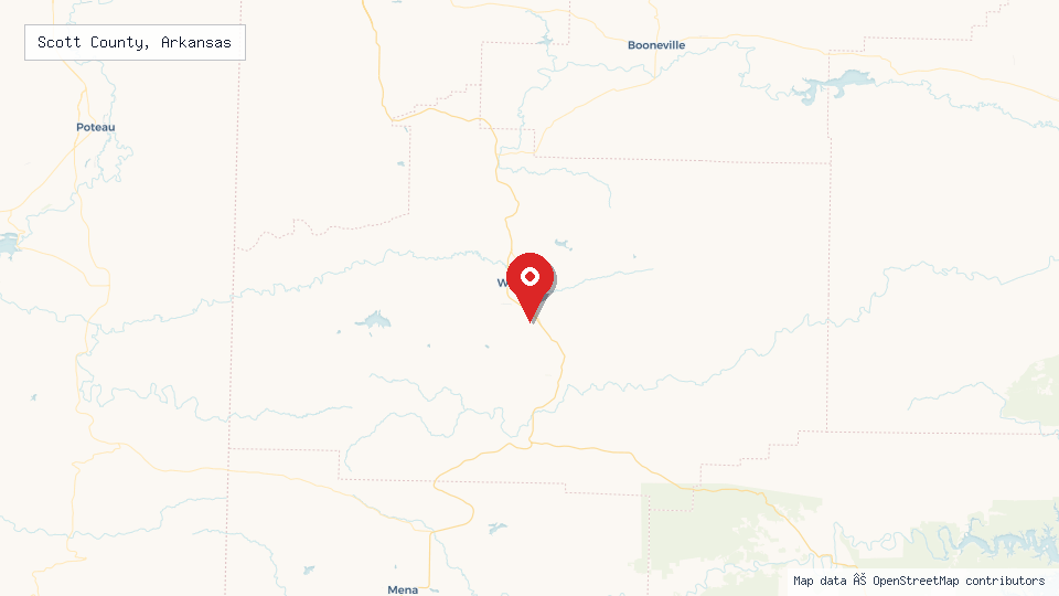 Street map of Scott County, Arkansas with location pin