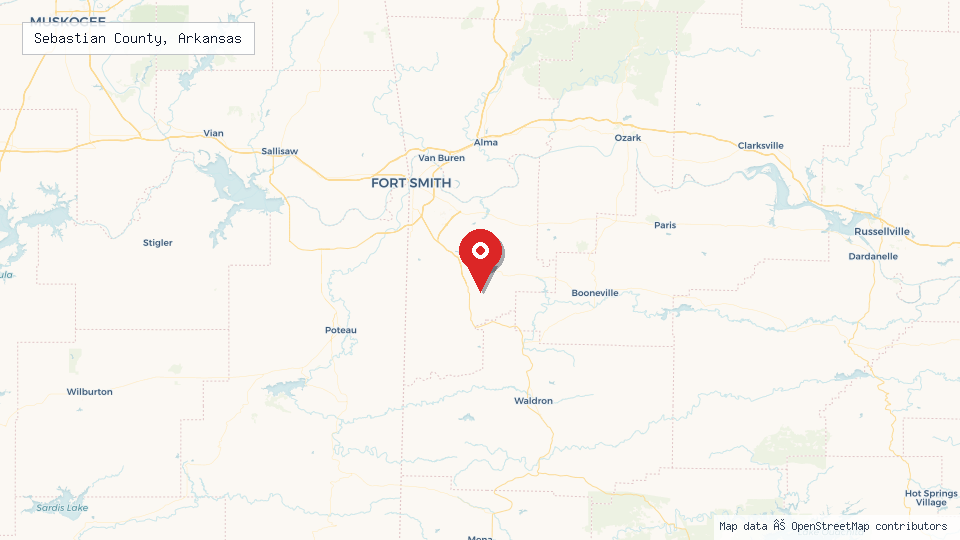 Street map of Sebastian County, Arkansas with location pin