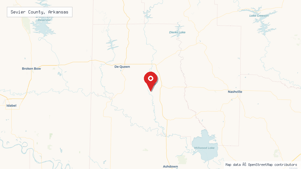 Street map of Sevier County, Arkansas with location pin